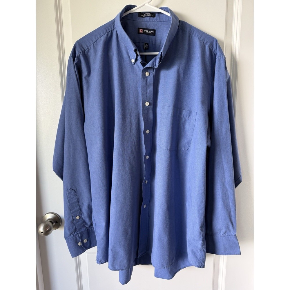 Chaps Mens Blue Micro Check Classic Fit Wrinkle Free Button Down Shirt 18 34/35