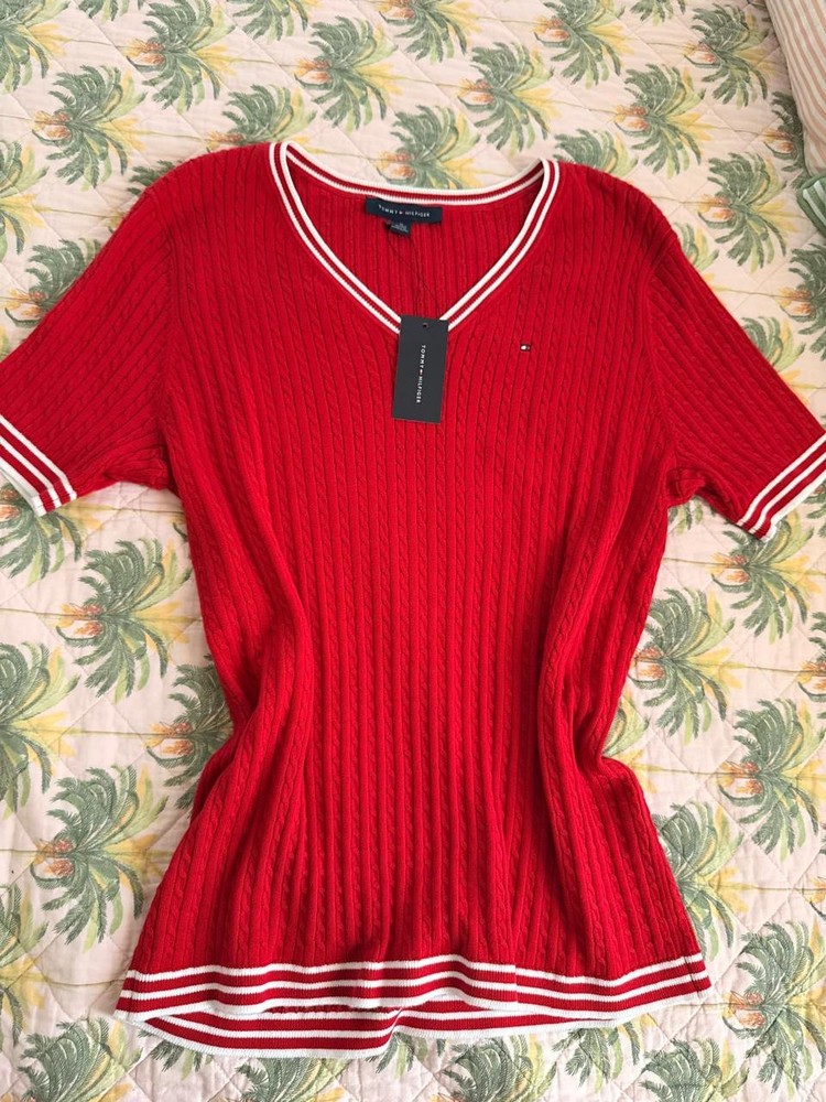 Tommy Hilfiger Red Cable-Knit V-Neck Short Sleeve Pullover Sweater Women's XL
