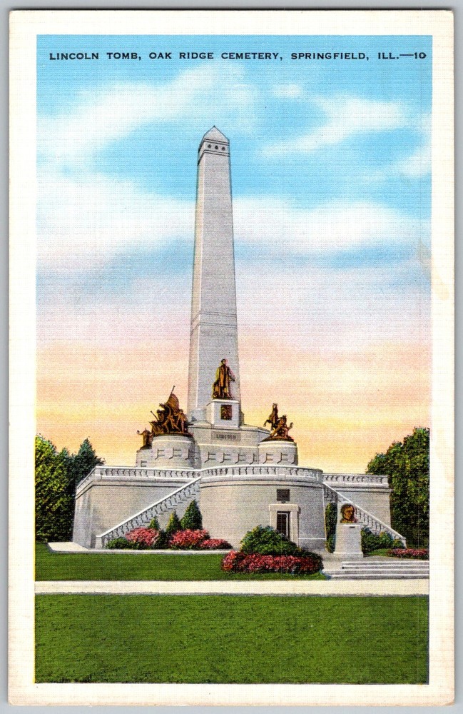 Vtg Linen Postcard Lincoln Tomb Obelisk Springfield, IL 1930s