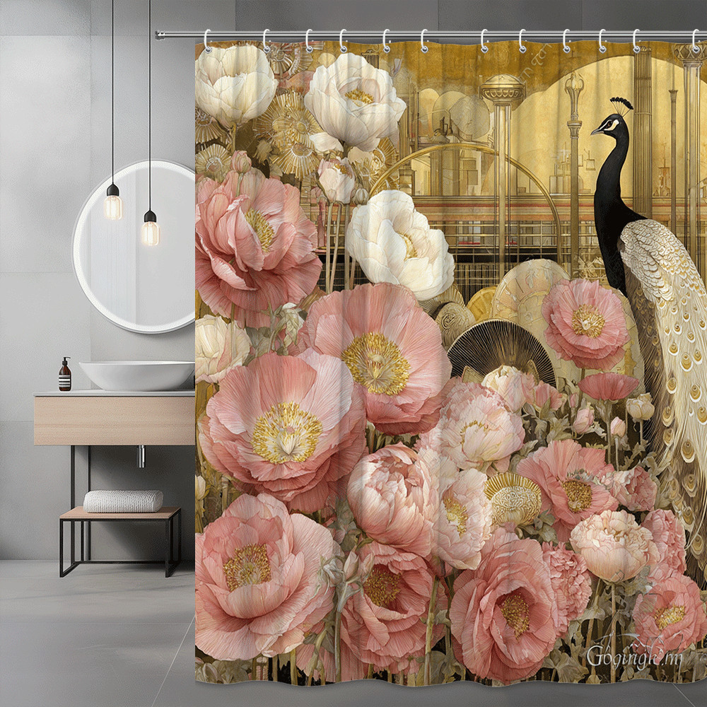 Peacock and Pink Floral Shower Curtain Botanical Print