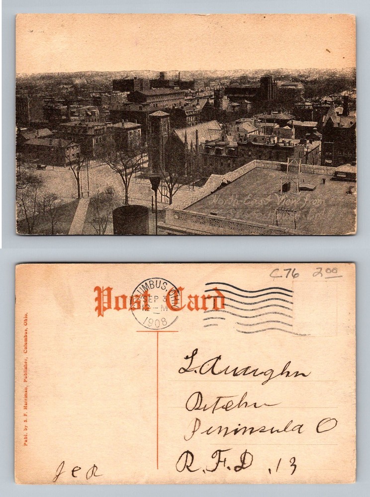 Columbus, OH-Ohio, Rooftop City Skyline View Of Buildings Vintage c1908 Postcard
