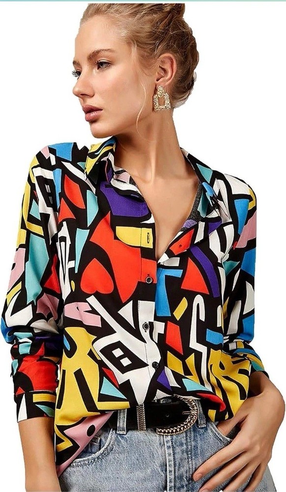 Long Sleeve Abstract Print Colorful Button Down Blouse