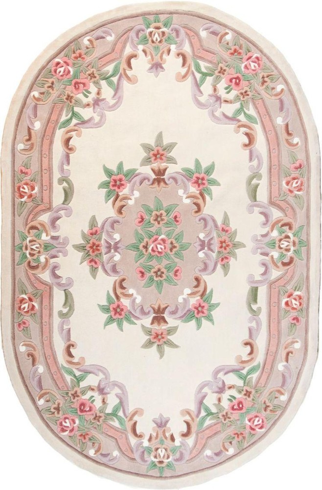 Hand Tufted Aubusson Rug Floral Oval Wool Rug French Style Vintage Pastel Carpet