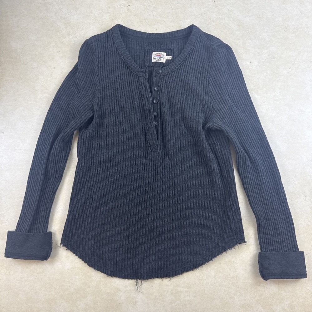 Faherty Shirt Women’s Black Ribbed Henley Medium Long Sleeve Stretch Knit Top