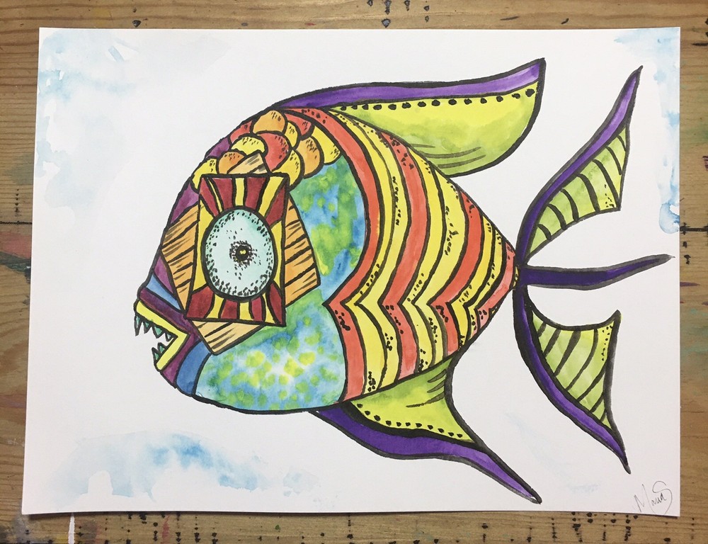 Maria Scalf Fish Angler Pop Art Cubism Street ORIGINAL PAINTING Watercolor 9x12