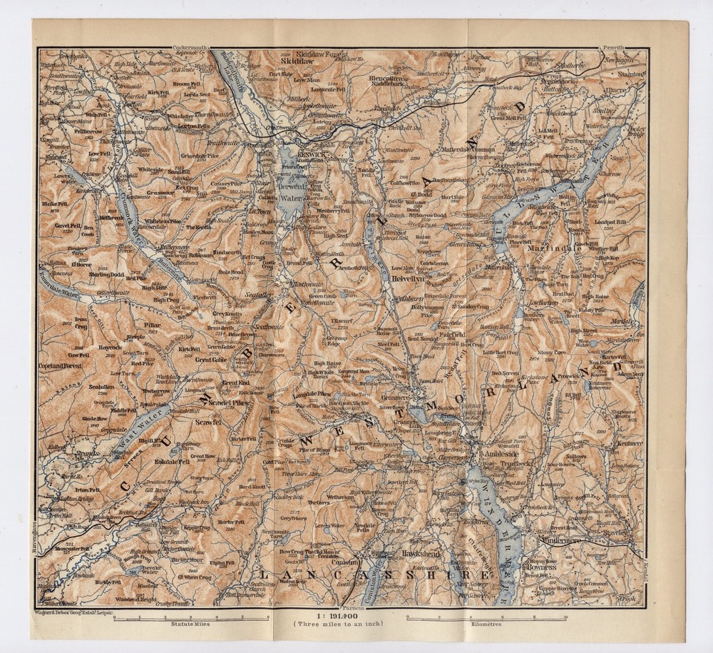 1890 Original Antique Map Of Lake District Cumberland Westmorland / England