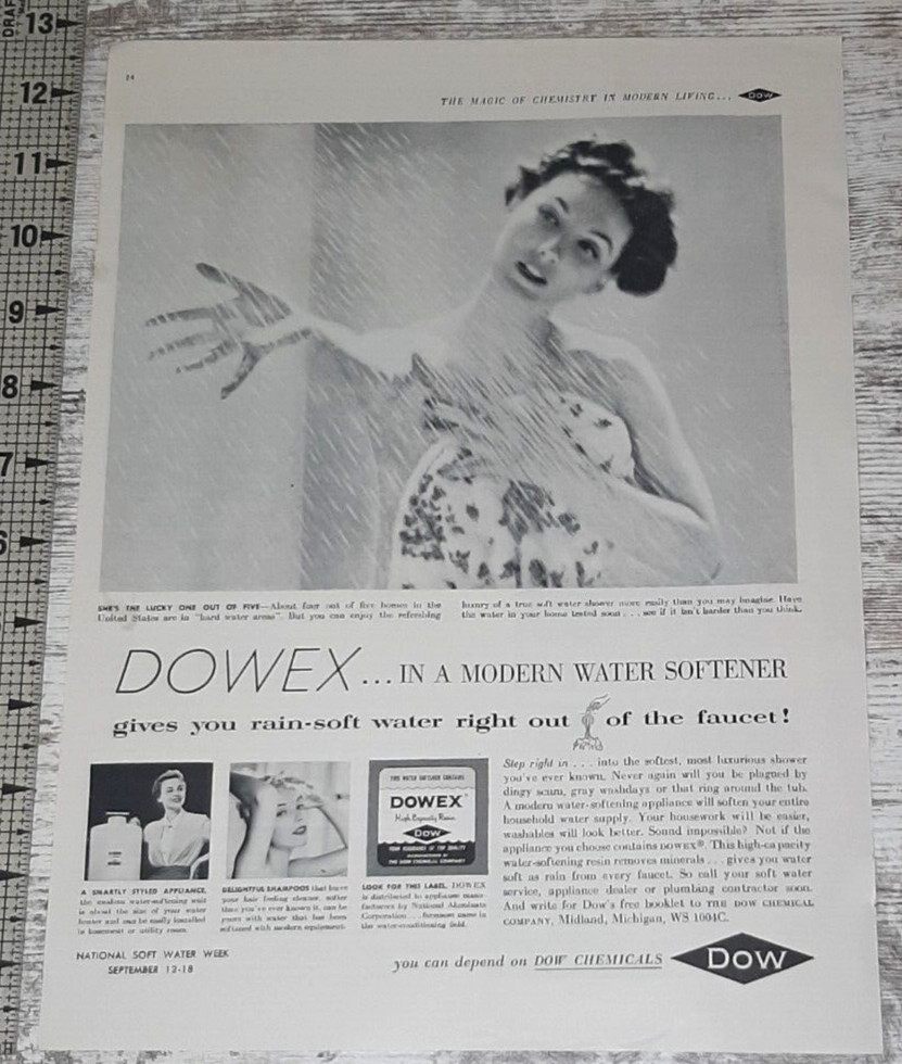 1954 Dow Chemical Vintage Print Ad Dowex Water Softener Pretty Woman Shower B&W