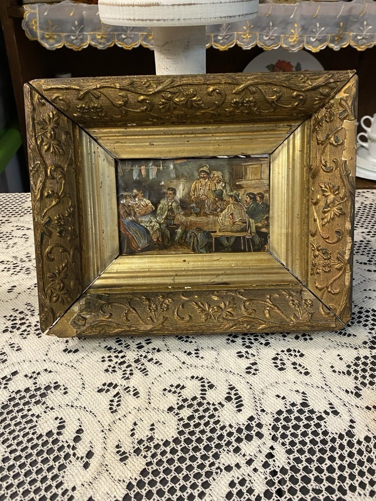 Antique Vintage Painting On Wood Panel Ornate Floral Frame Framed Art Wooden