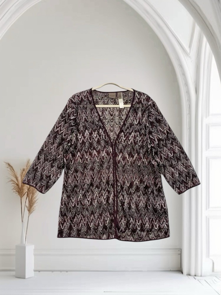 Chico’s Womens Chevron Open Knit Cardigan Top Size 2 Large Boho Summer Chic