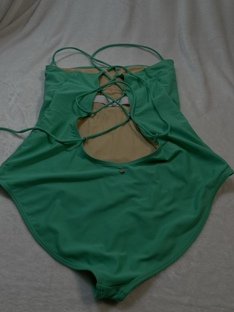 Fabletics Women's Swim Suit Sea Mist Green XL Corset Back High Cut Leg