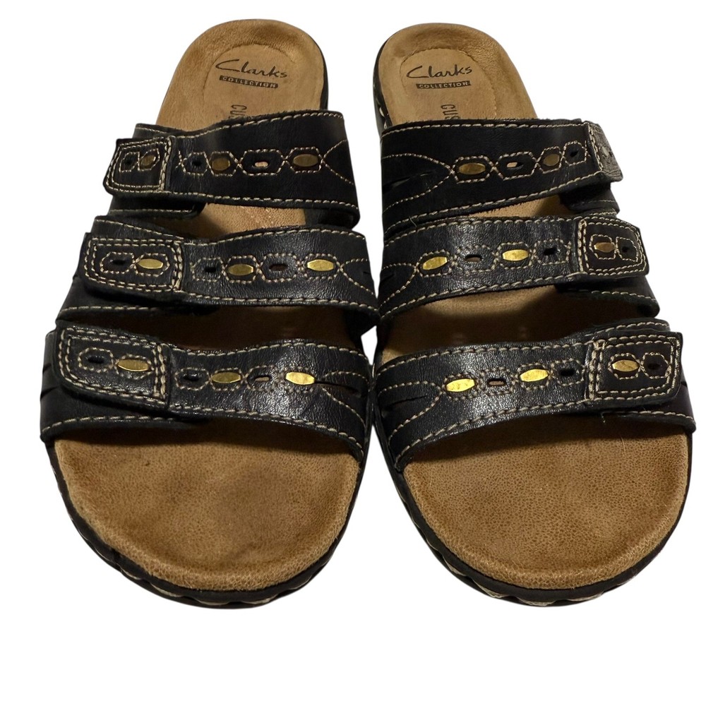 CLARKS Leisa Brooch Womens Black Leather Sandals Size 6 Casual Comfort