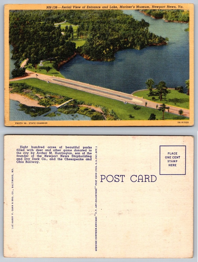 Aerial View Mariner's Museum Lake Entrance Newport News VA Postcard C.T
