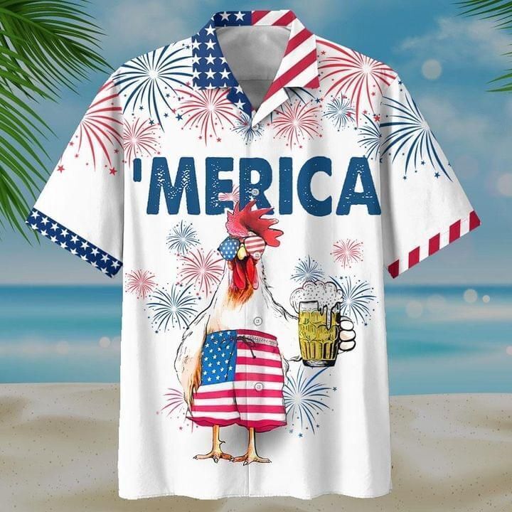 American Flag Rooster Beer Print 3D Hawaiian Shirt - Perfect Halloween Gift in US Sizes