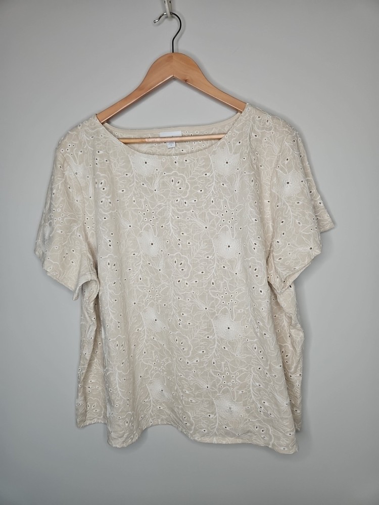 J Jill Top 2X Cream Linen Floral Embroidered Eyelet CottageCore Coastal Elevated