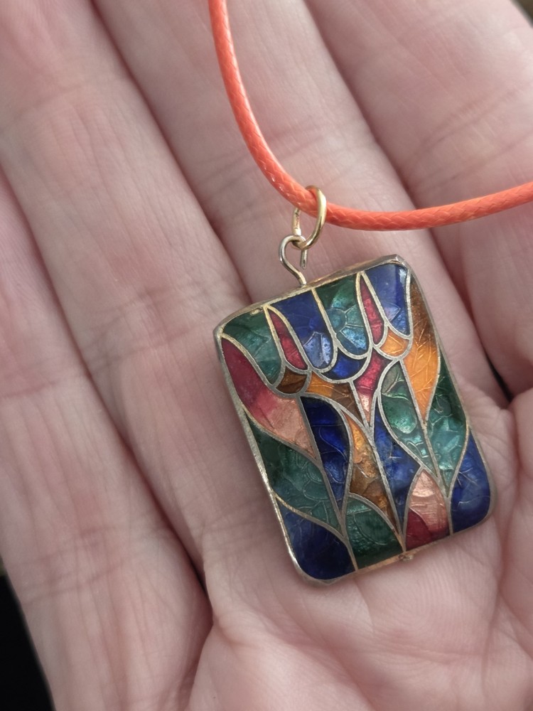 Vintage PUFFY CLOISONNE ENAMEL PENDANT Necklace Abstract Geometric Double Sided