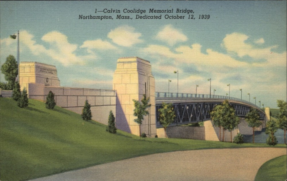 Northampton Massachusetts Calvin Coolidge Memorial Bridge 1940s linen postcard