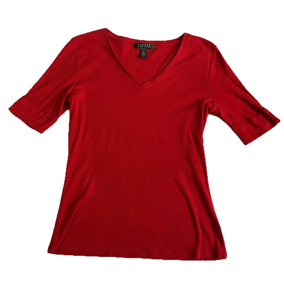 Lauren Ralph Lauren Solid Red V-Neck Cuffed Sleeve Cotton Knit Tee Women’s S