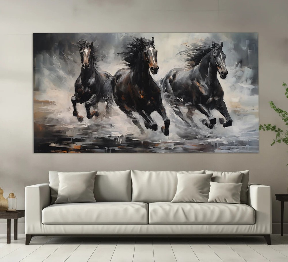 Black Horses Run Vintage Oil Painting Unframed Canvas Print Australian Wall Art