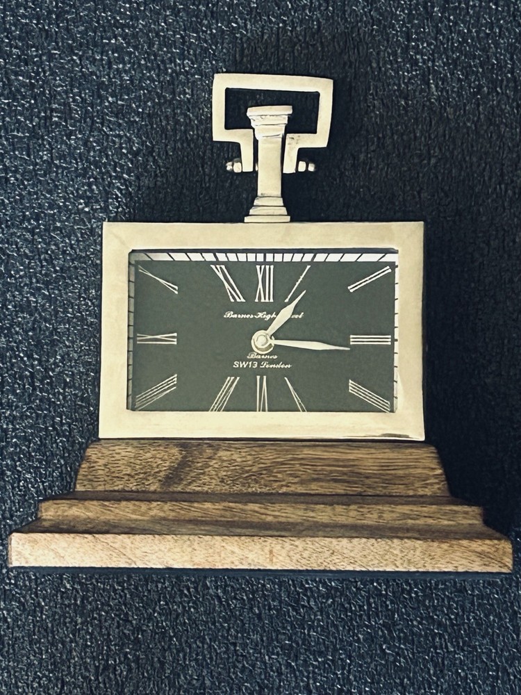 Barnes High Street SW13 London Mantle Desk Clock Metal Wood Base Quartz Works