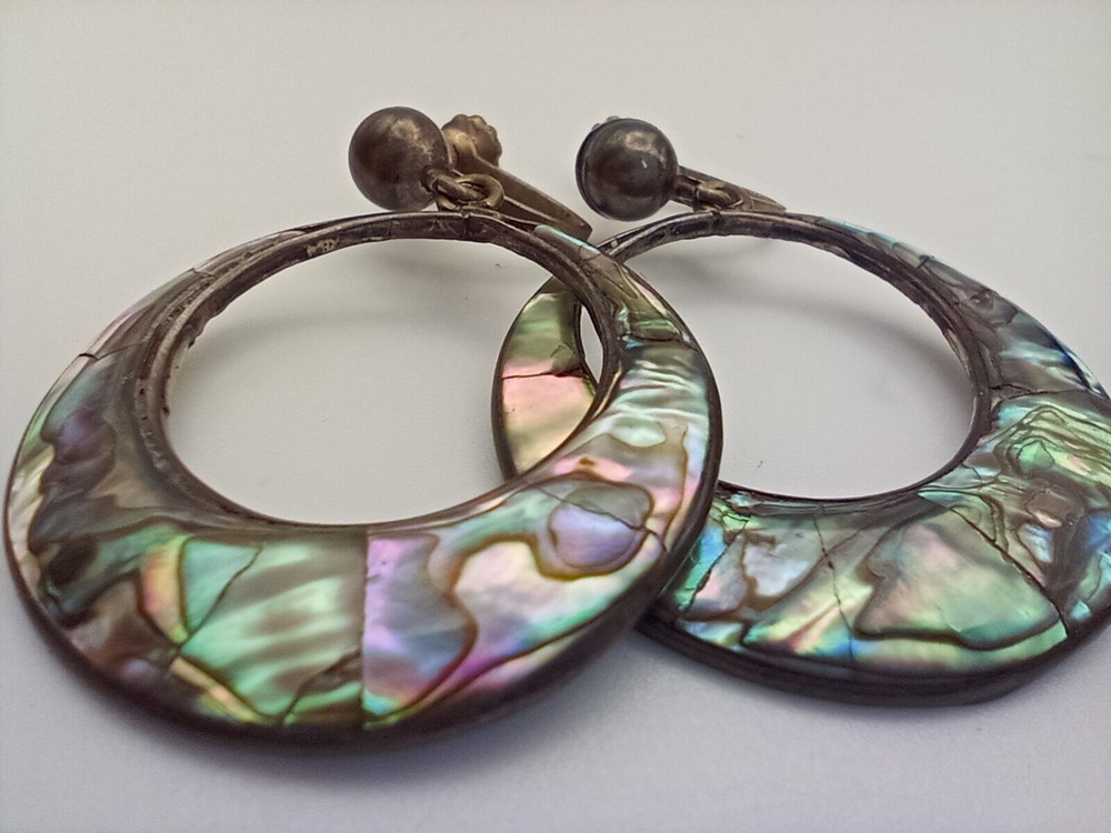 Vintage Mexico 925 Sterling Silver Mother of Pearl Crescent Hoop Earrings Flaws