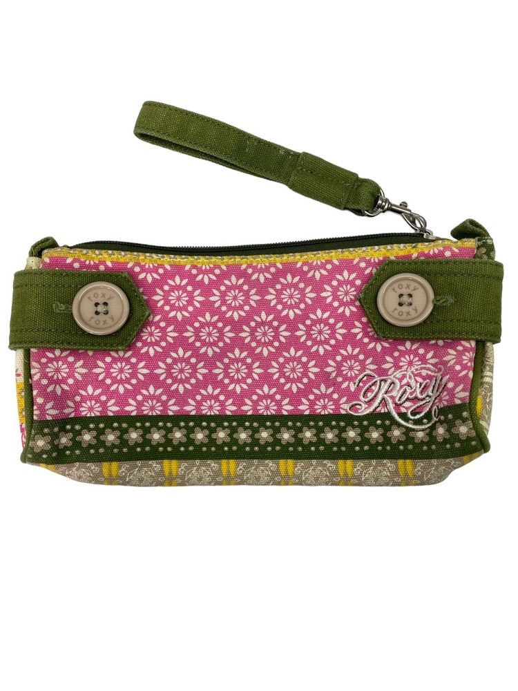 ROXY Wristlet Wallet Canvas Zippered Multicolored Floral w/Big Buttons