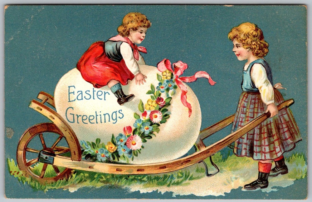 Antique Postcard Easter Greetings Children Egg 1910s