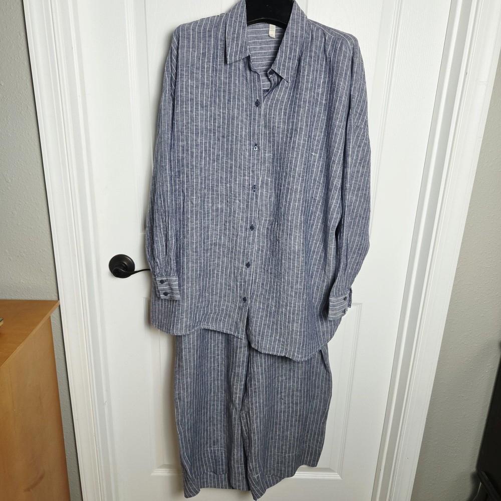 Eileen Fisher Shirt Pants Set Womens L Blue Organic Linen Striped 2 Piece