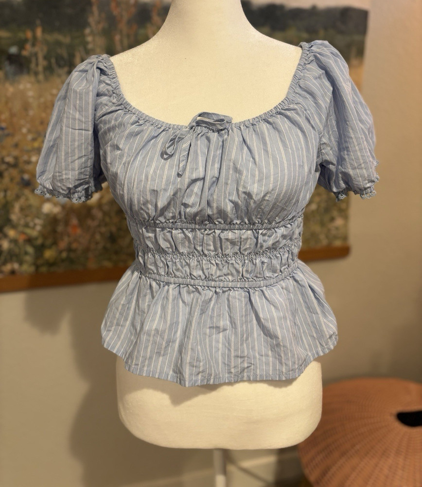 Celebrity Pink Blue/White Striped Smocked Puff Sleeve Peplum Blouse S