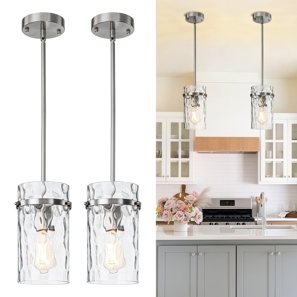 2 Pack Brushed Nickel Pendant Lights for Kitchen Island with 4.72-Inch Glass Shades