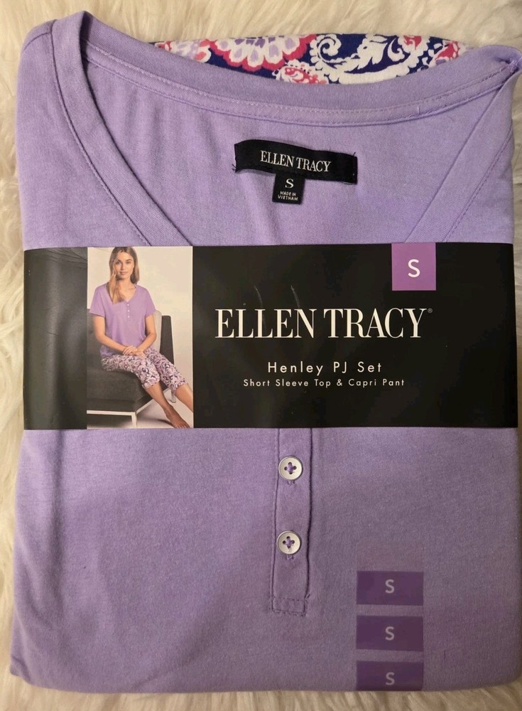 Ellen Tracy Small Purple Henley PJ Set Short Sleeve Capri Pants Paisley