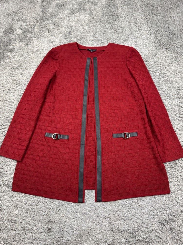 Misook Jacket Women Large Red Rapture Knit Faux Leather Trim Chore Cardigan