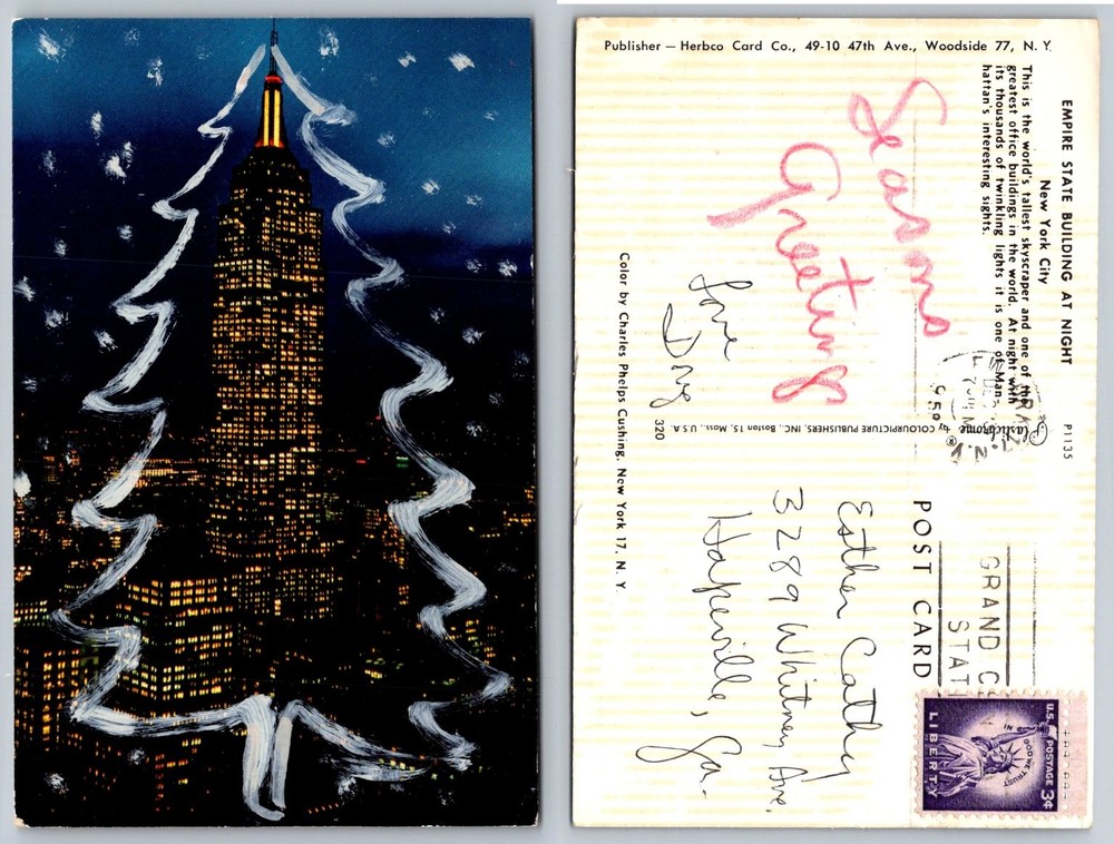 Empire State Building Christmas Tree NYC Postcard Herbco Plastichrome