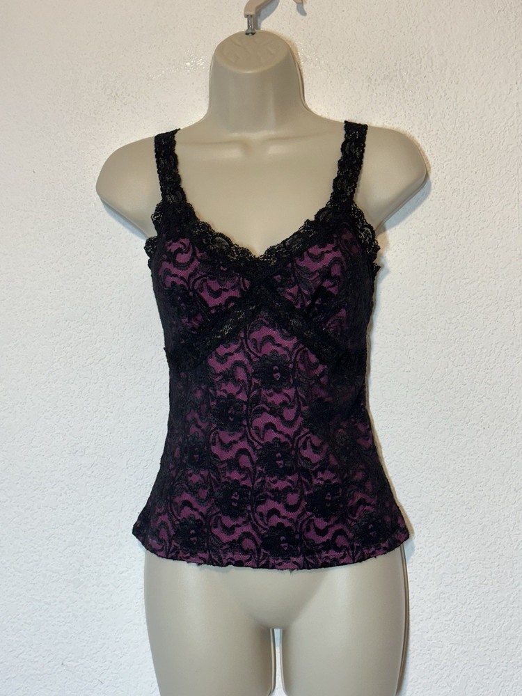 INC Vtg Y2K Camisole Top M Black Mesh Lace Pink Empire Waist Whimsigoth Grunge