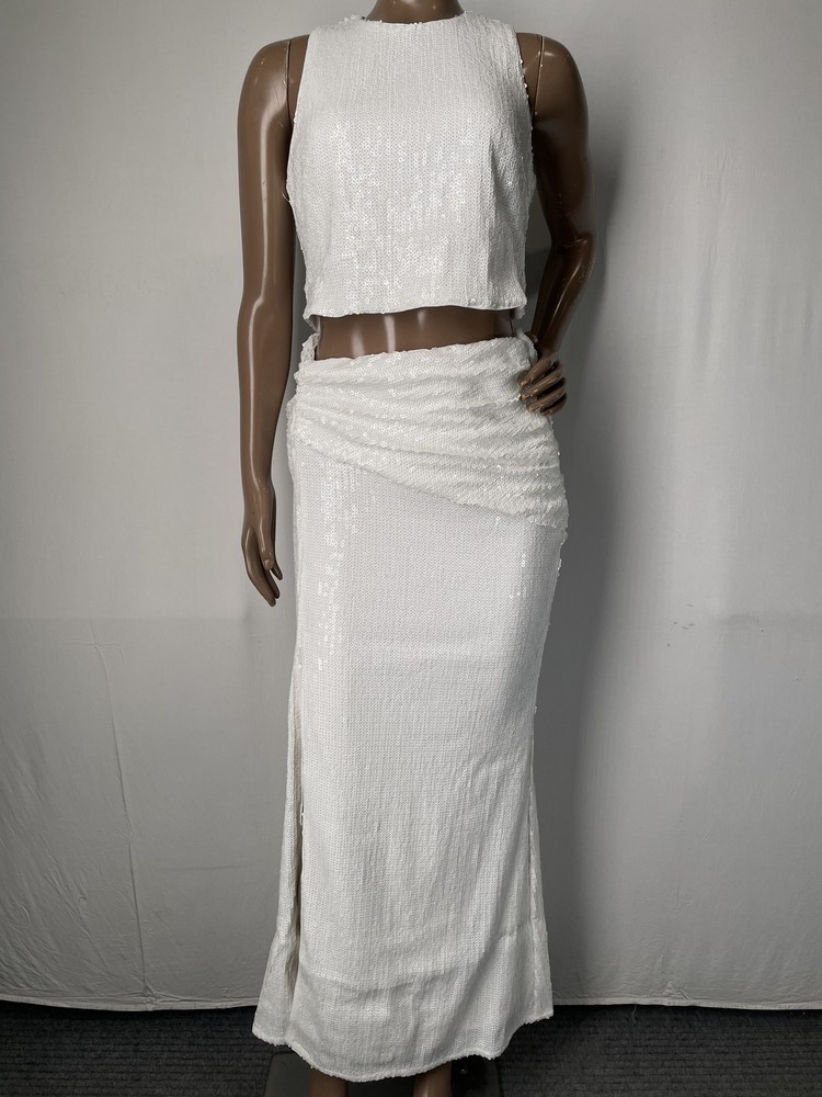 Hutch Womens Midi Skirt Set Ivory/White Size S Stretch Sequined Two Piece Zip Up