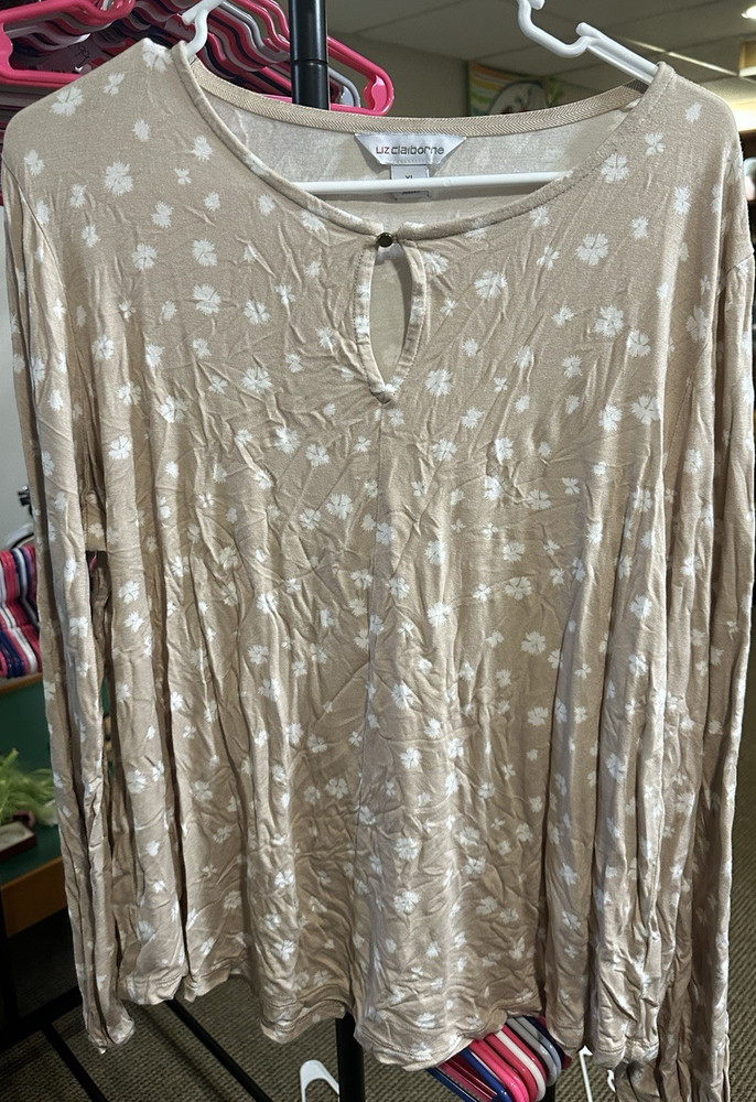 Liz Claiborne Beige White Floral Pullover Keyhole Round Neck Blouse Size XL