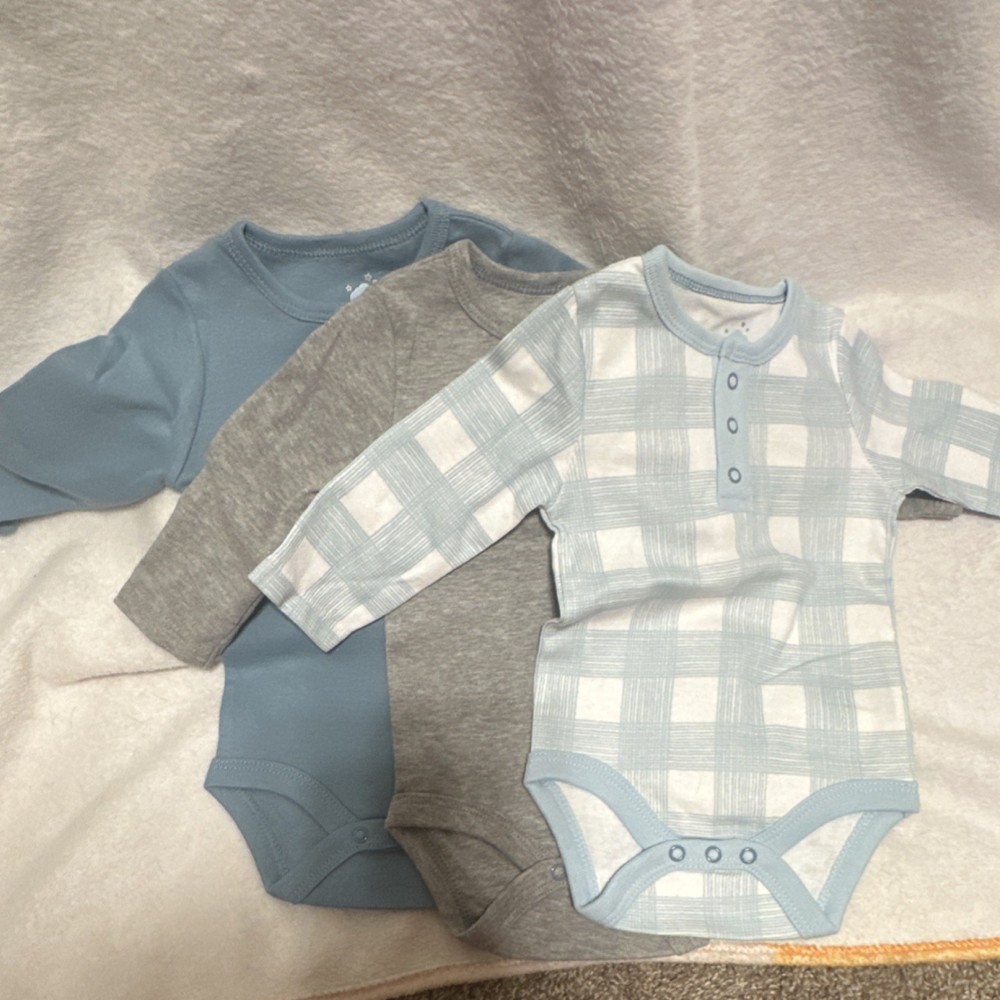 Cloud Island 0-3 Months Blue Gray White Cotton Long Sleeve Bodysuit Set 3 Piece