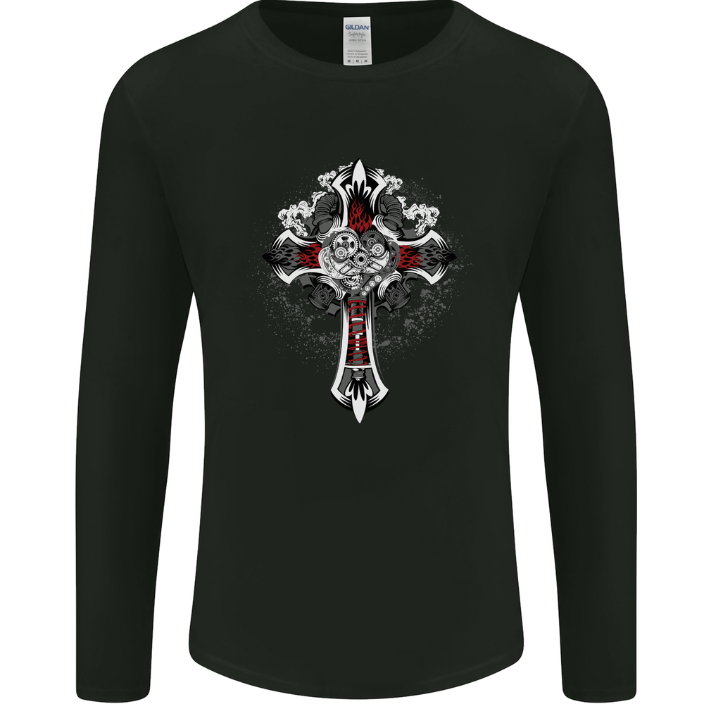 Steampunk Cross Gothic Heavy Metal Biker Mens Long Sleeve T-Shirt
