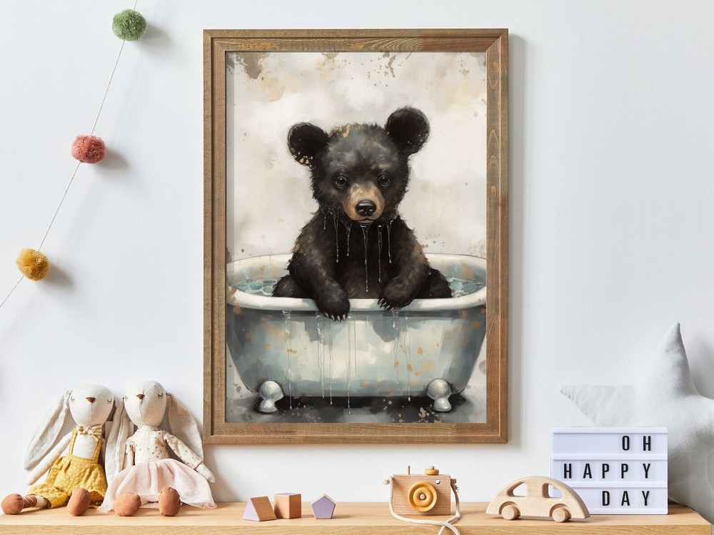 Bear Nursery Decor Bear Bathing In Bathtub Kids Room Art Woodland Animals Bear
