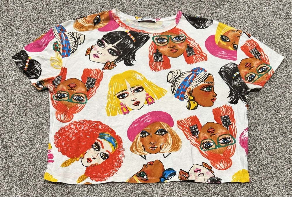 Zara Graphic Face Print Crop Top Womens S Artsy Abstract Short Sleeve Tee-image