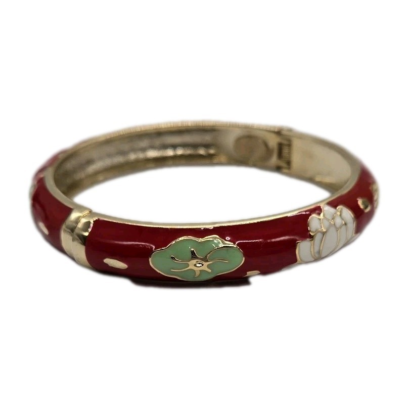 Kirks Folly Hinged Bangle Bracelet Red White Floral enamel Statement Gold tone