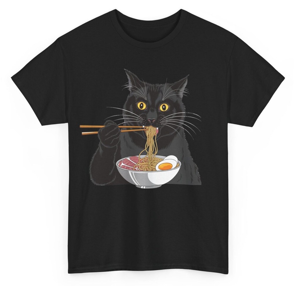 Black Cat Eating Ramen Funny T-shirt - Humorous Kawaii Japanese Noodles Tee