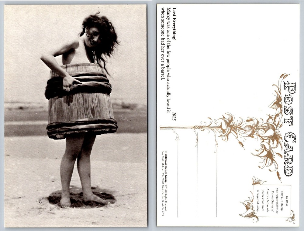 Vintage Style Humorous Postcard - Woman in Barrel on Beach - Marcy