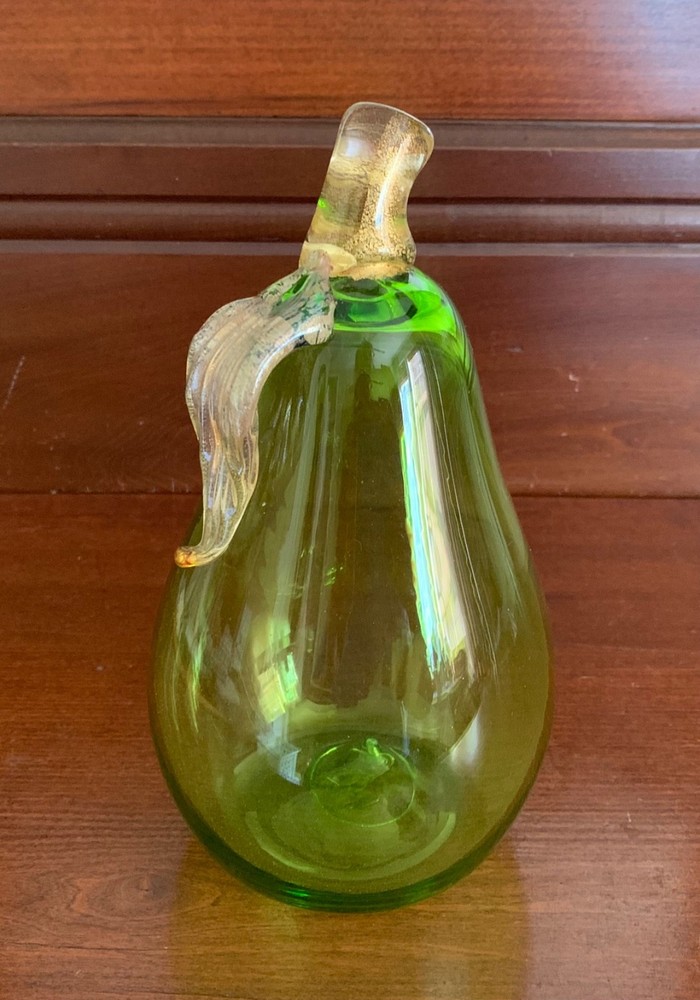 Murano Art Glass Green Pear With Aventurine (Gold Flake) 8 3/4 Inches Tall