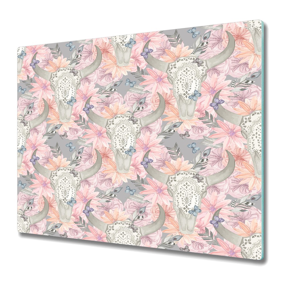 Tempered Glass Chopping Board Ethnic skull bull in flowers grey and pink photo