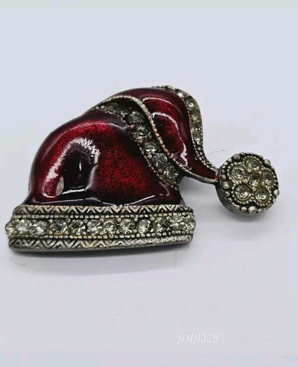 Santa HAT BROOCH Pin Stocking Hat Red Enamel Pewter Crystal Accent Christmas-image