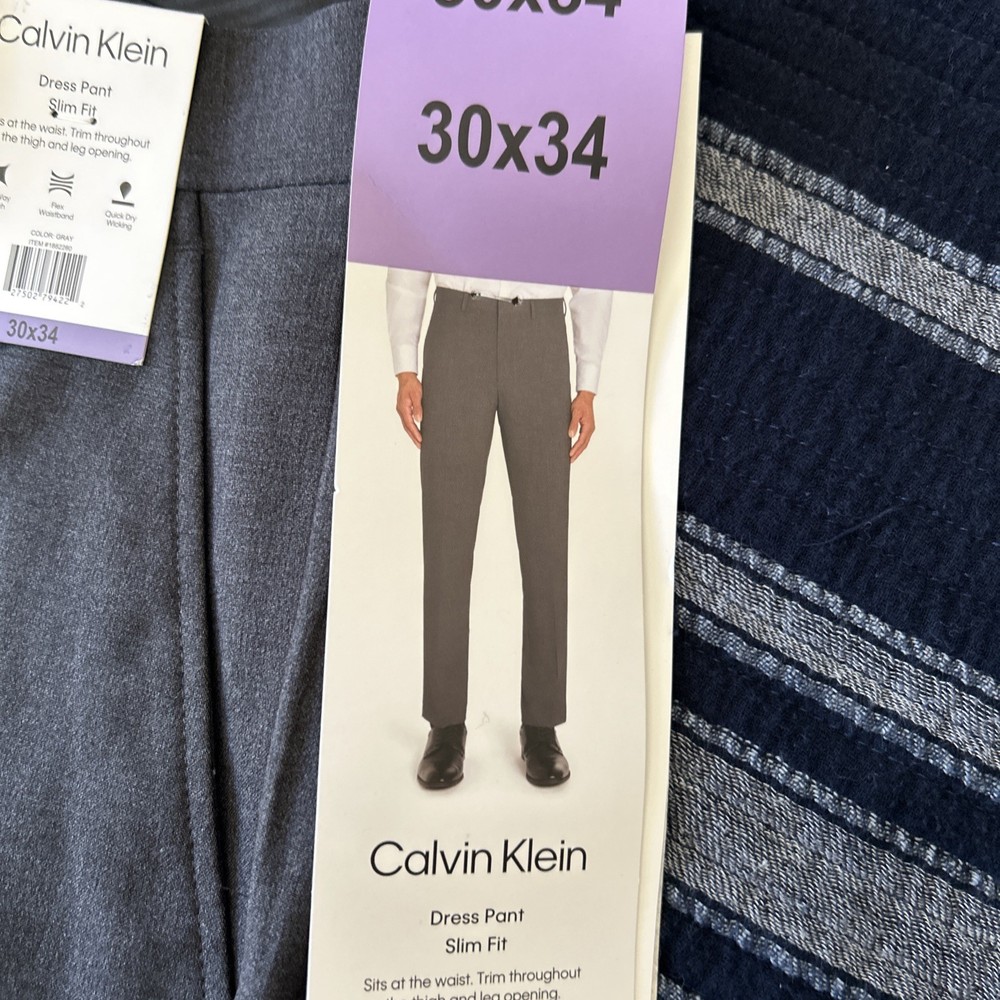 Calvin Klein Gray Slim Fit Flat Front Dress Pants Mens 30x34 NWT  (w)