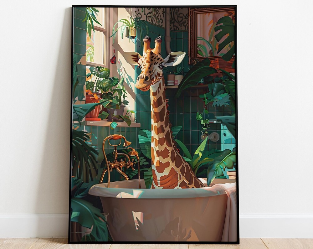 Giraffe In A Tub Bathroom Wall Art Botanical Animal Print Maximalist Animal In