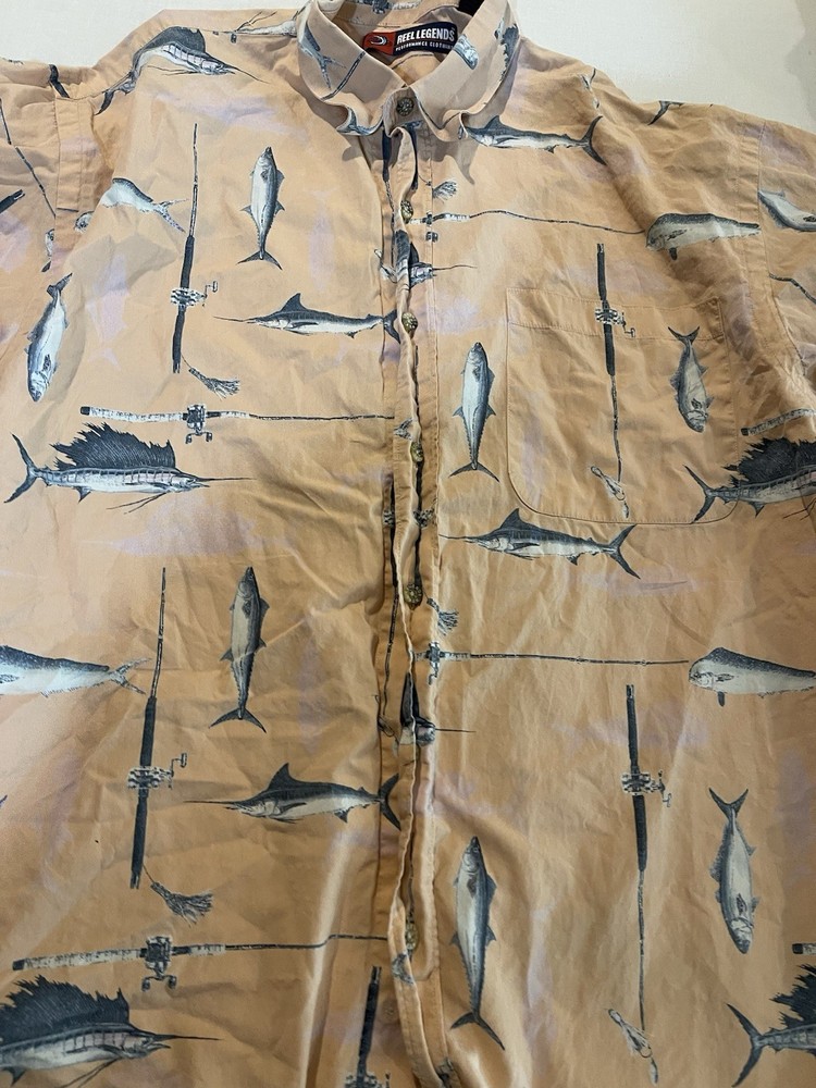 Reel Legends Men's Button Up Fishing Shirt Design Short Sleeve Size Large A-17