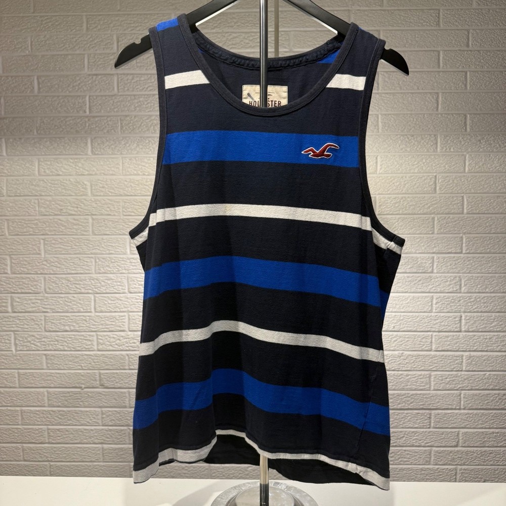 Hollister California Tank Top Mens XL Striped Navy Blue White Red Logo