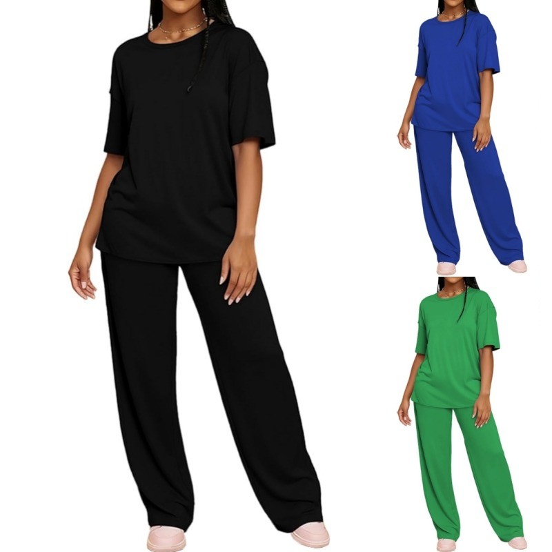 Womens 2Pcs Loose Fit Tops Wide Leg Pants Short Sleeve Matching Sets Sweatsuits